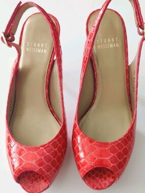 Stuart Weitzman Womens 5M Orange Python Embossed Leather Peep Toe...